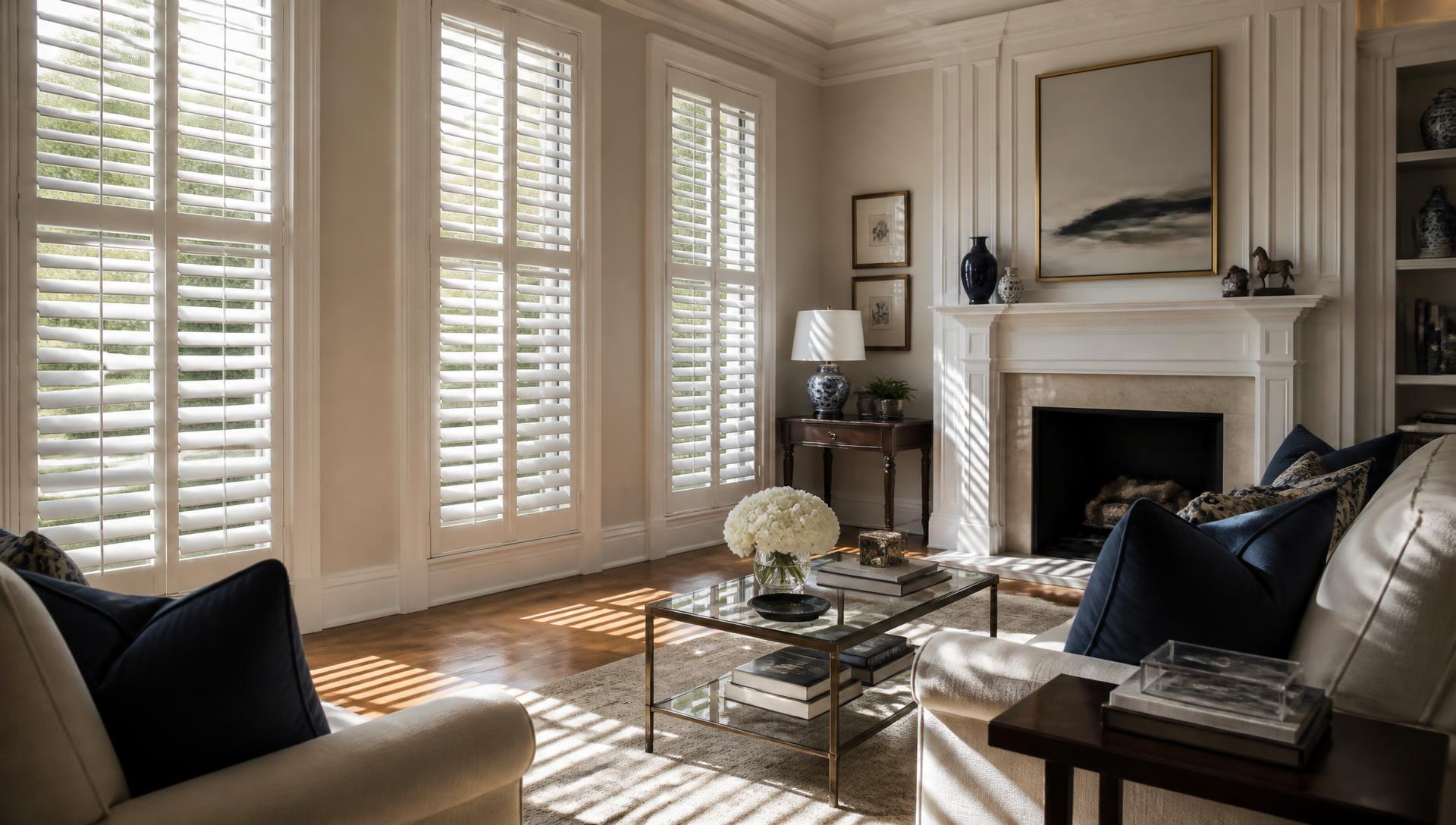Tall white plantation shutters on floor-to-ceiling windows