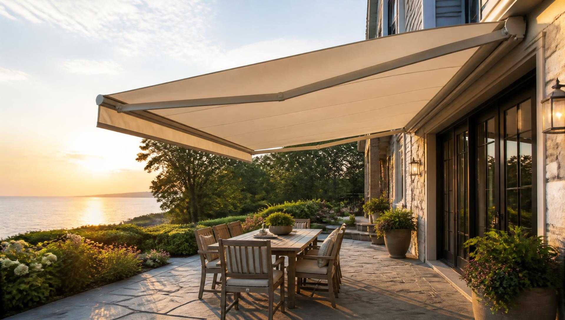 Retractable awning extended over a waterfront stone patio at sunset
