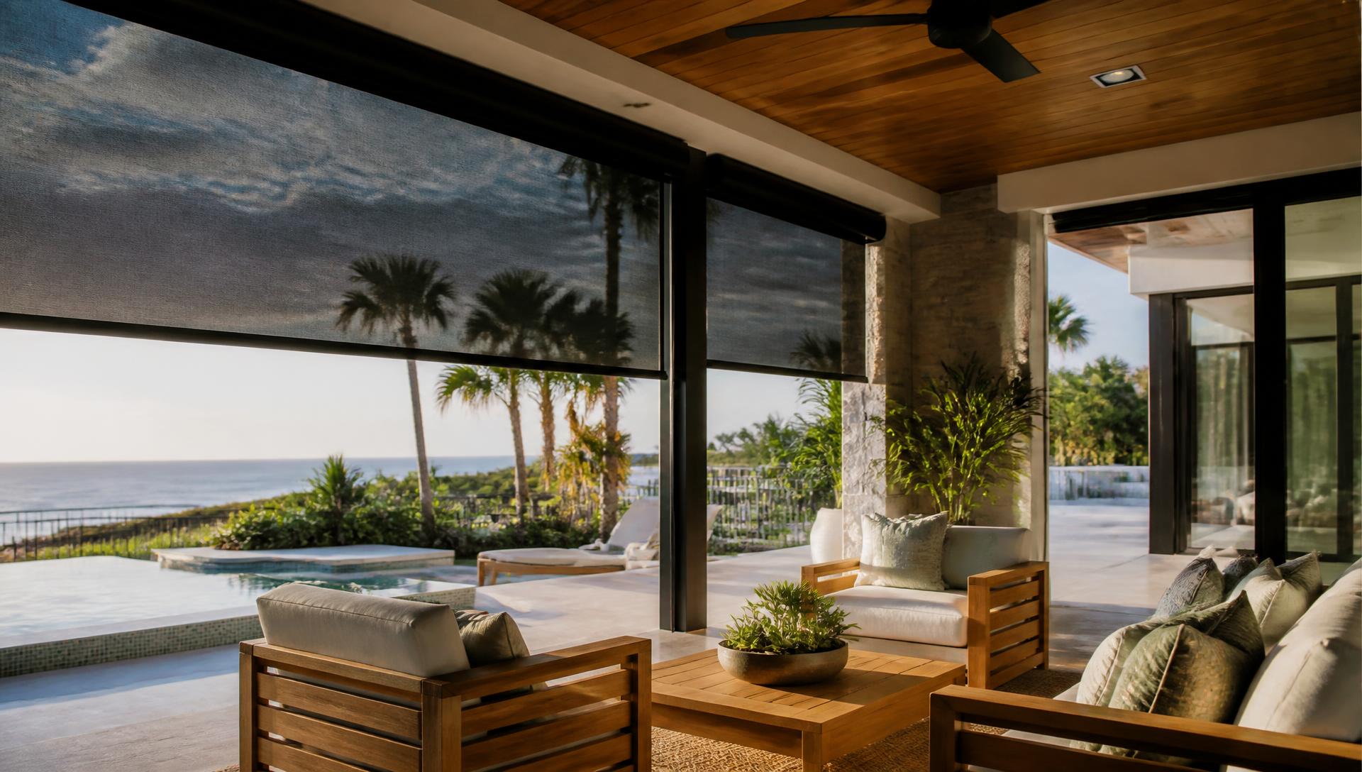 Covered poolside patio with motorized exterior roller screens