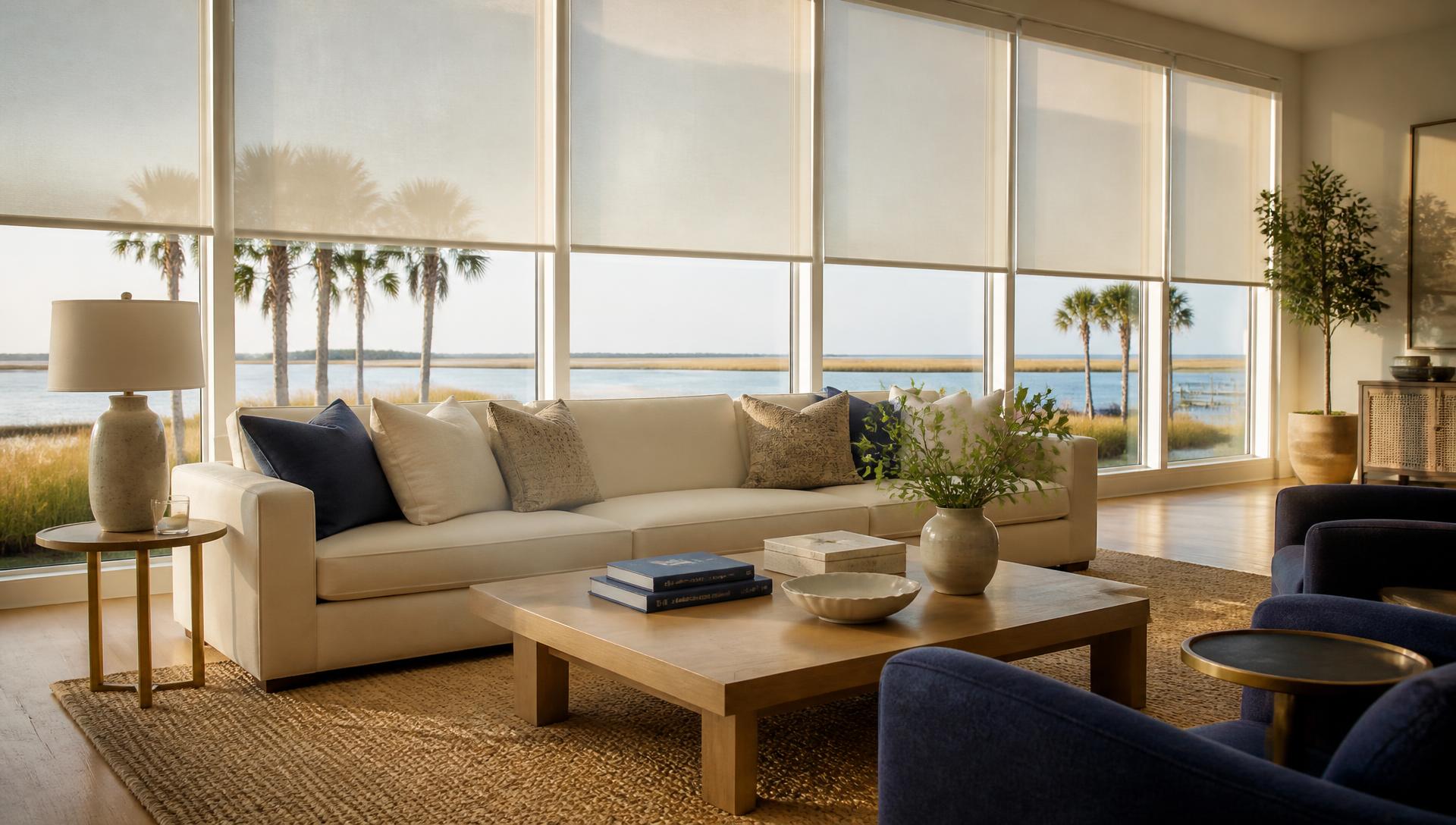 Custom interior shades across a coastal living room window wall