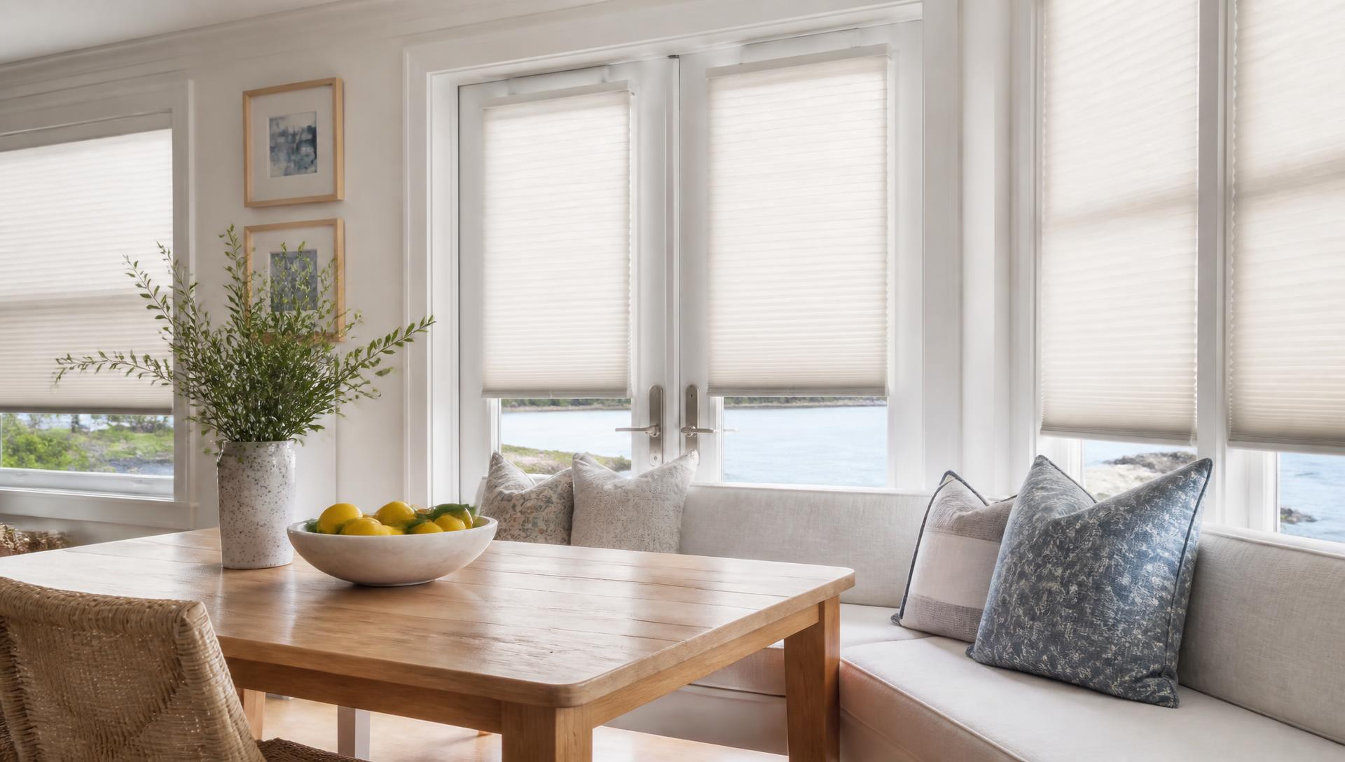 Cordless manual shades on French doors and windows of a waterfront breakfast nook