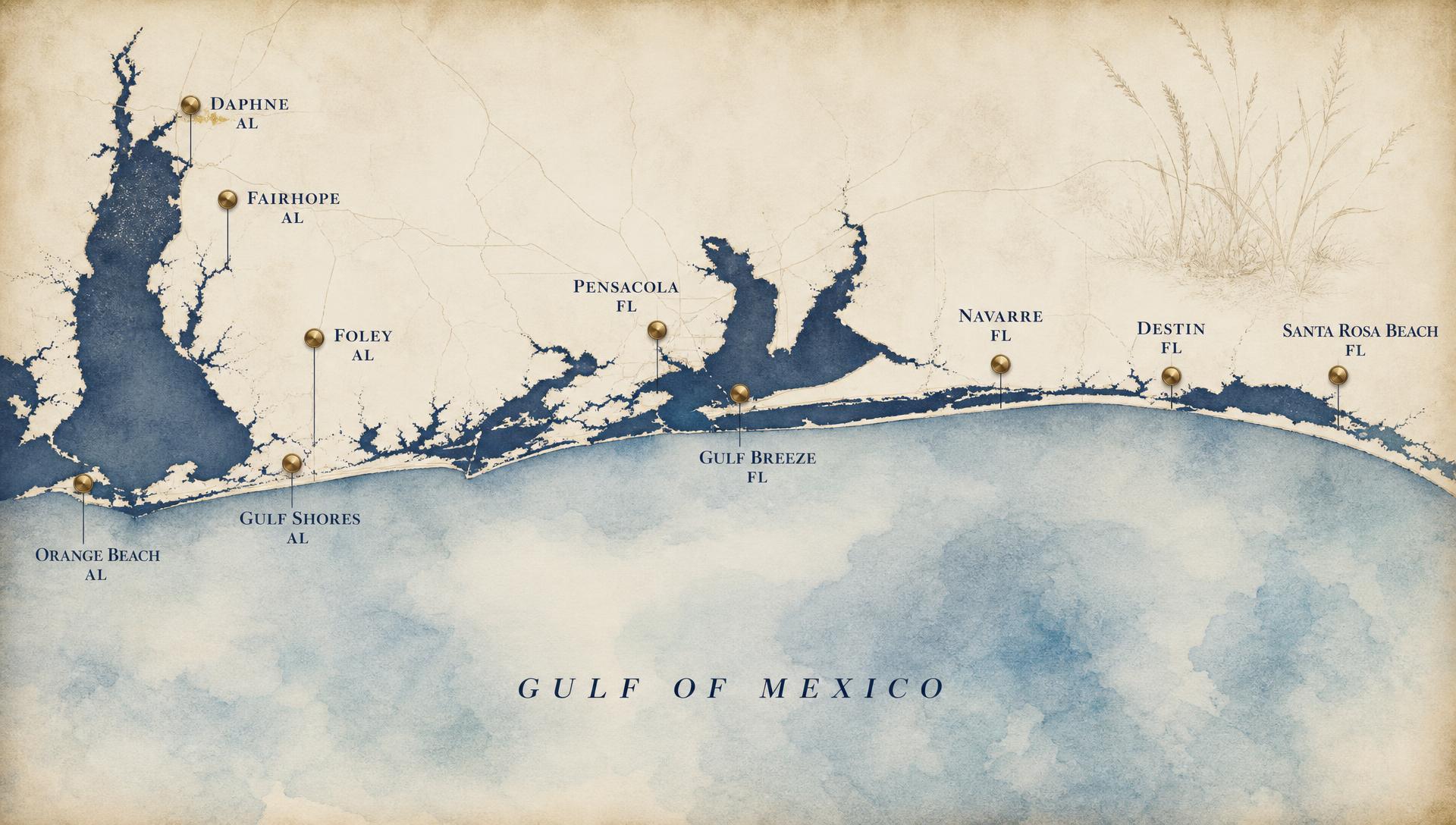 Map of Gulf Coast service area from Pensacola to Santa Rosa Beach with brass location markers for each city we serve