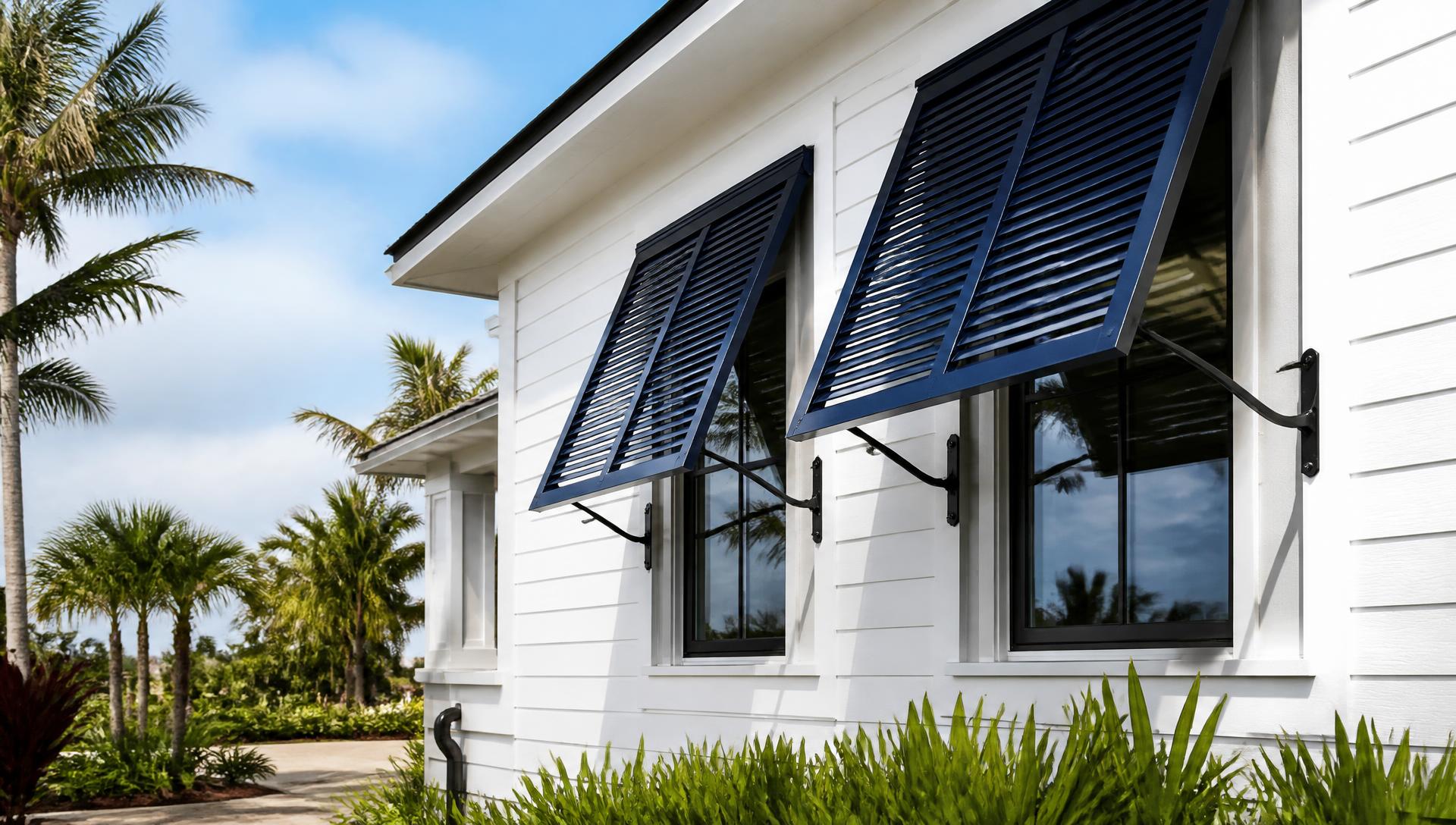 Navy Bahama hurricane shutters on a white coastal home